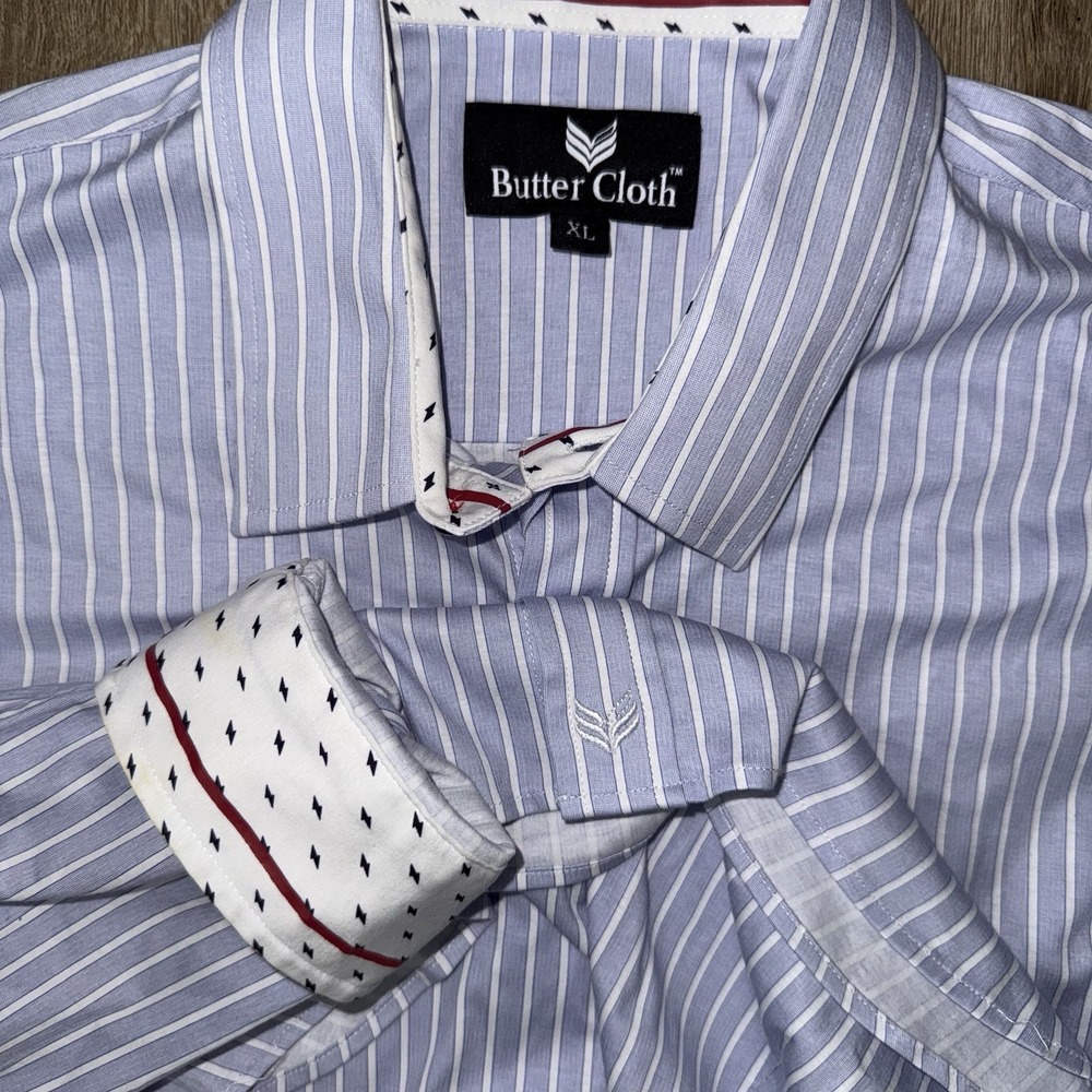 Buttercloth Performance Cotton Long Sleeve Button Up Shirt Men's XL Blue Striped
